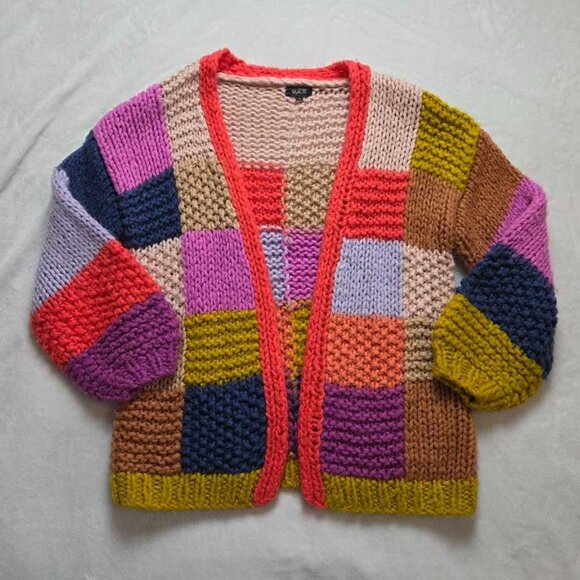 S Saachi x Anthropologie chunky rainbow colorblock knit cardigan granny sweater - Picture 1 of 10